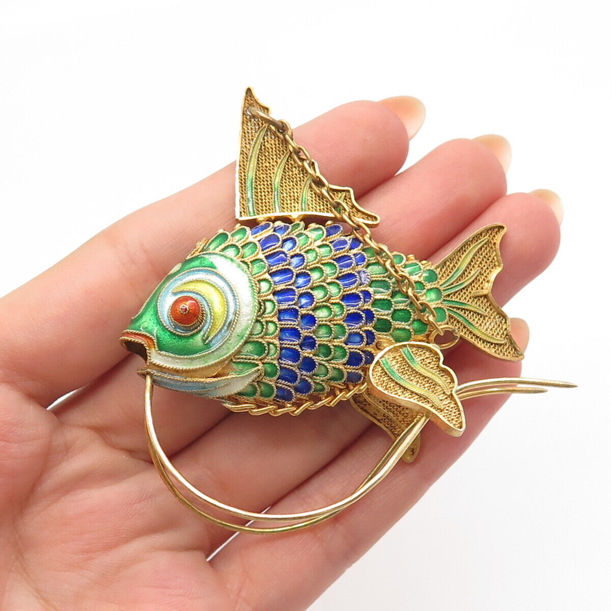 925 Sterling Silver Gold Plated Antique Enamel Articulated Chinese Koi Fish Fob