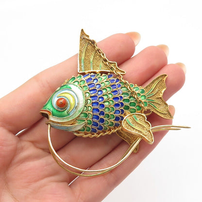 925 Sterling Silver Gold Plated Antique Enamel Articulated Chinese Koi Fish Fob