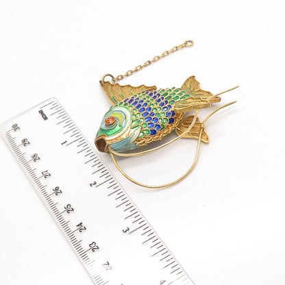 925 Sterling Silver Gold Plated Antique Enamel Articulated Chinese Koi Fish Fob