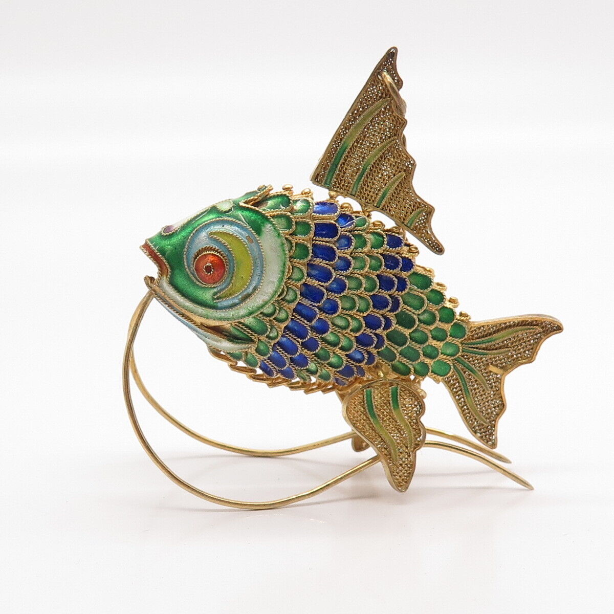 925 Sterling Silver Gold Plated Antique Enamel Articulated Chinese Koi Fish Fob