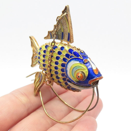 925 Sterling Silver Gold Plated Antique Enamel Chinese Koi Fish Articulated Fob