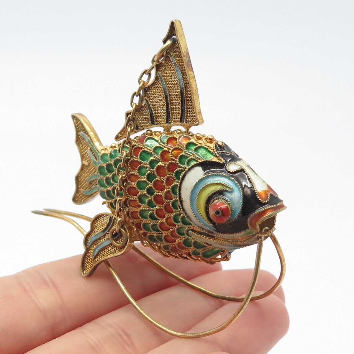925 Sterling Silver Gold Plated Antique Enamel Chinese Koi Fish Articulated Fob