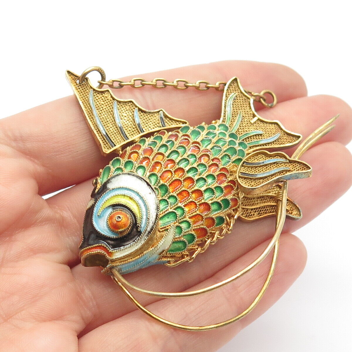 925 Sterling Silver Gold Plated Antique Enamel Chinese Koi Fish Articulated Fob