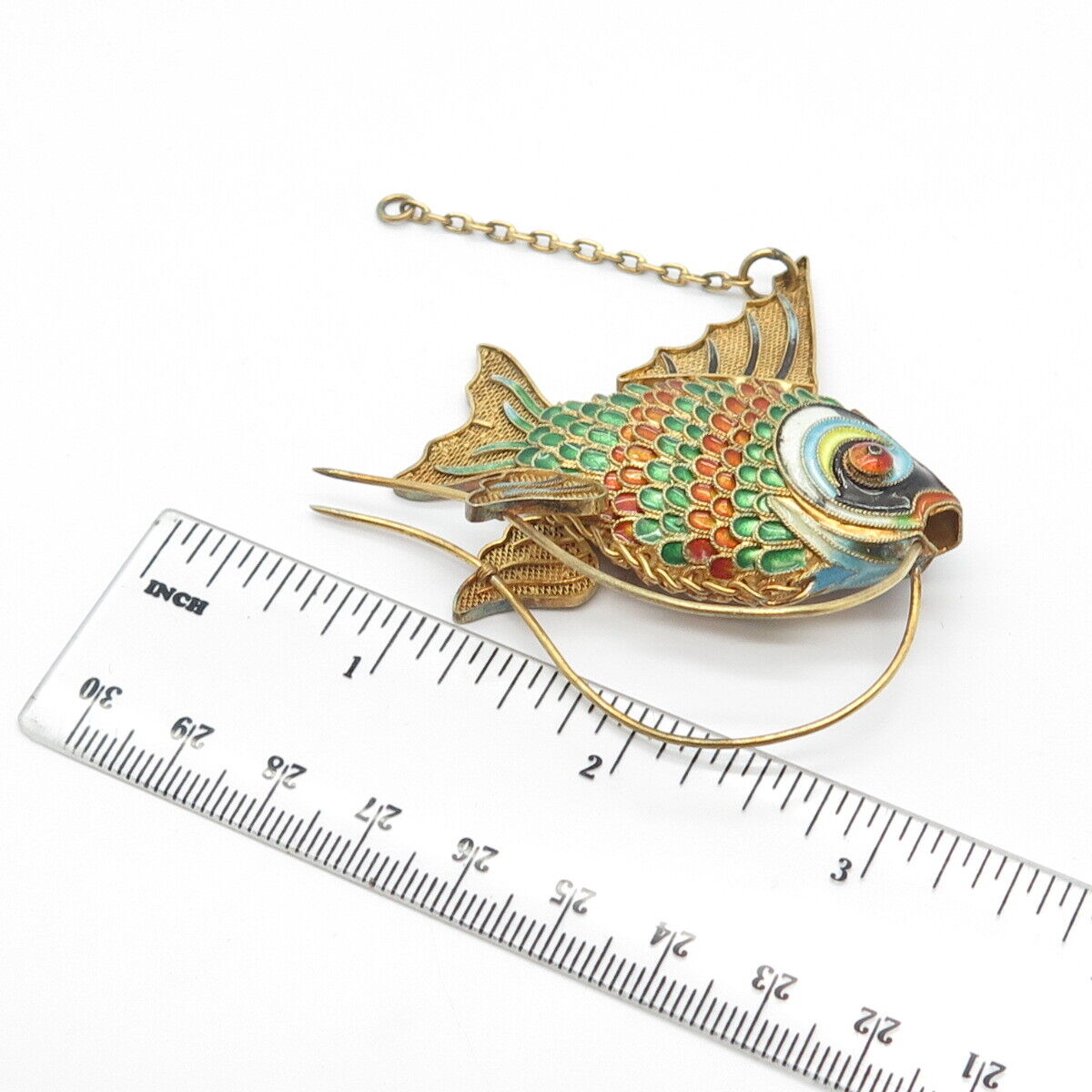 925 Sterling Silver Gold Plated Antique Enamel Chinese Koi Fish Articulated Fob