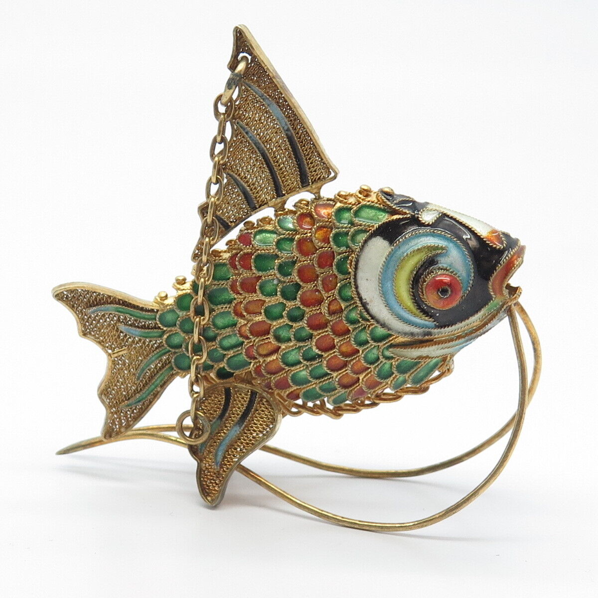 925 Sterling Silver Gold Plated Antique Enamel Chinese Koi Fish Articulated Fob