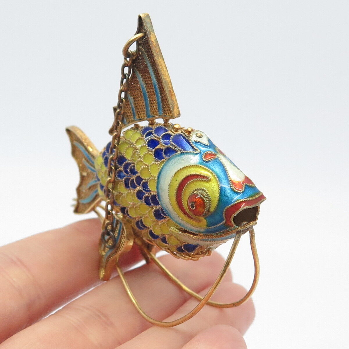 925 Sterling Silver Gold Plated Antique Enamel Chinese Fish Articulated Fob