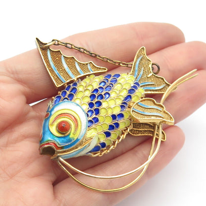 925 Sterling Silver Gold Plated Antique Enamel Chinese Fish Articulated Fob