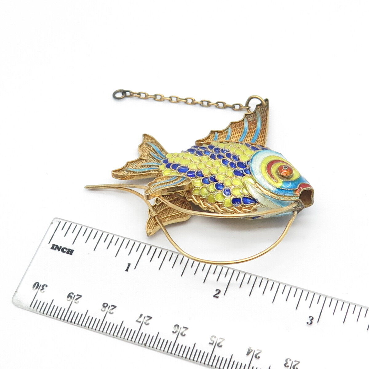 925 Sterling Silver Gold Plated Antique Enamel Chinese Fish Articulated Fob