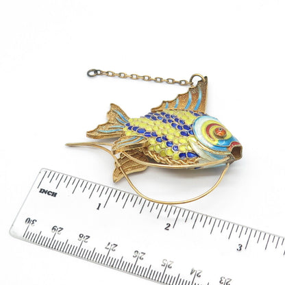 925 Sterling Silver Gold Plated Antique Enamel Chinese Fish Articulated Fob