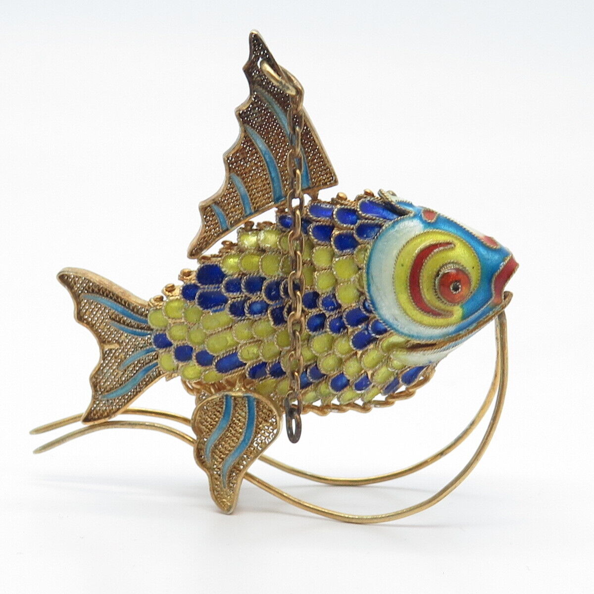925 Sterling Silver Gold Plated Antique Enamel Chinese Fish Articulated Fob
