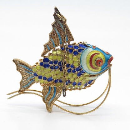 925 Sterling Silver Gold Plated Antique Enamel Chinese Fish Articulated Fob