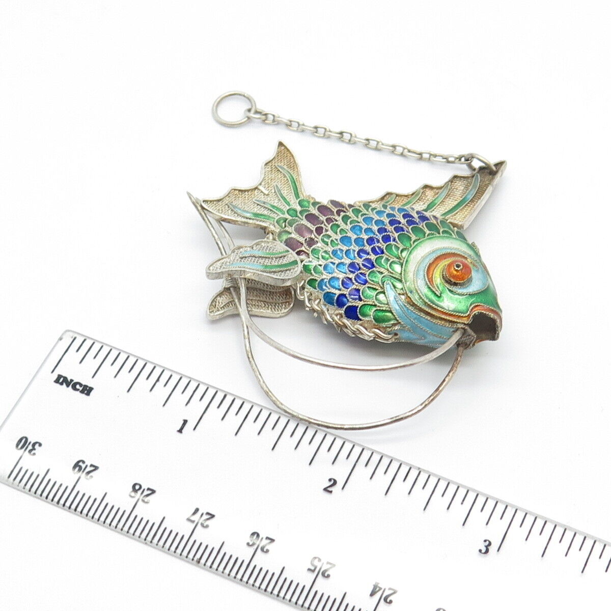 925 Sterling Silver Antique Enamel Articulated Chinese Koi Fish Pendant / Fob