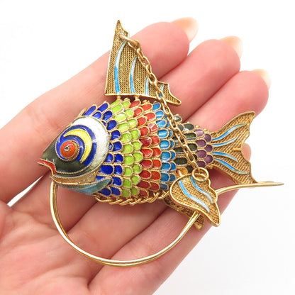 925 Sterling Silver Gold Plated Antique Enamel Articulated Chinese Koi Fish Fob