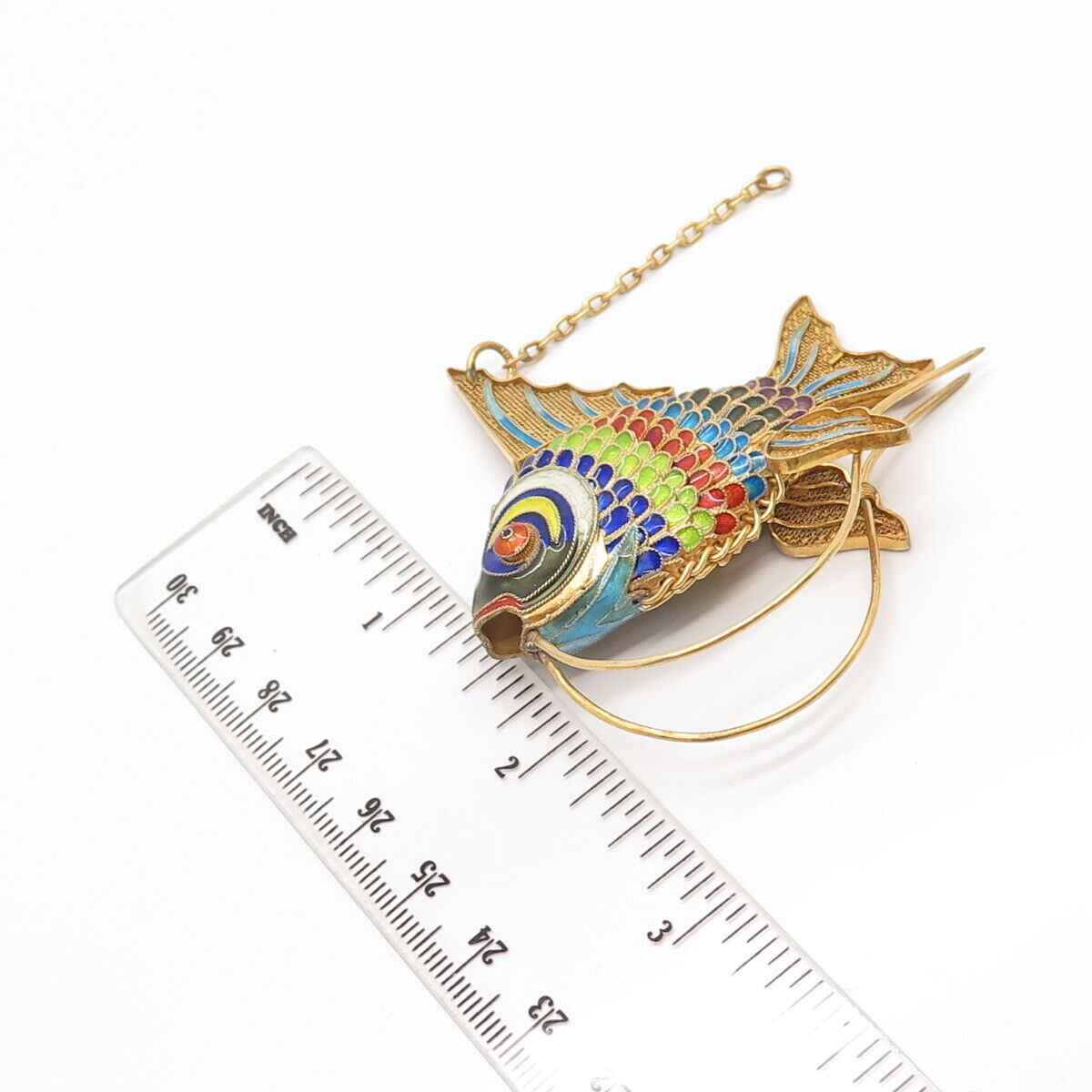 925 Sterling Silver Gold Plated Antique Enamel Articulated Chinese Koi Fish Fob