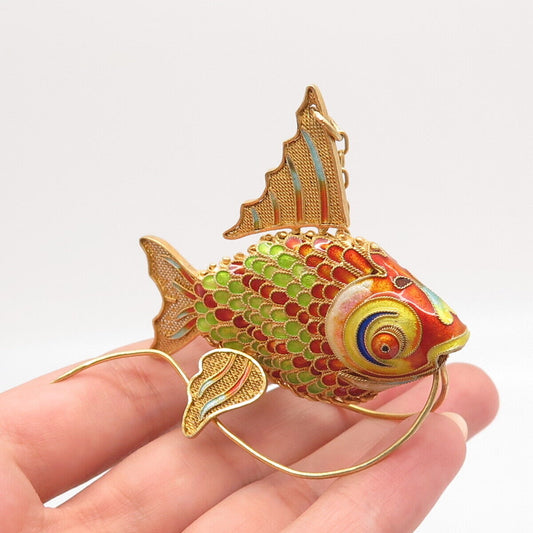 925 Sterling Silver Gold Plated Antique Enamel Articulated Chinese Koi Fish Fob