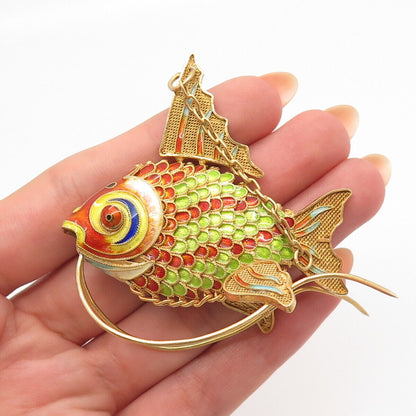 925 Sterling Silver Gold Plated Antique Enamel Articulated Chinese Koi Fish Fob