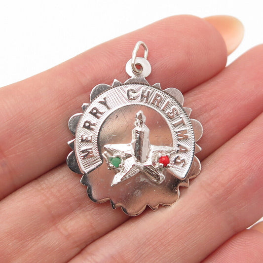 925 Sterling Silver Real Coral & Emerald Gem "Merry Christmas" Charm Pendant