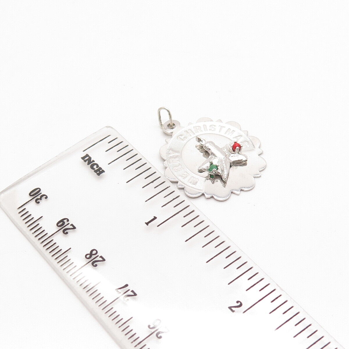 925 Sterling Silver Real Coral & Emerald Gem "Merry Christmas" Charm Pendant