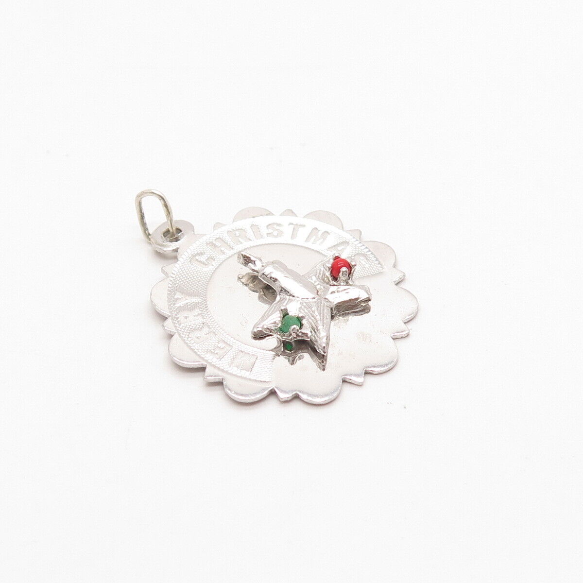 925 Sterling Silver Real Coral & Emerald Gem "Merry Christmas" Charm Pendant