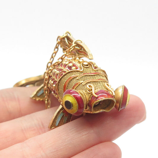 925 Sterling Silver Gold Plated Antique Enamel Chinese Koi Fish Chatelaine Fob