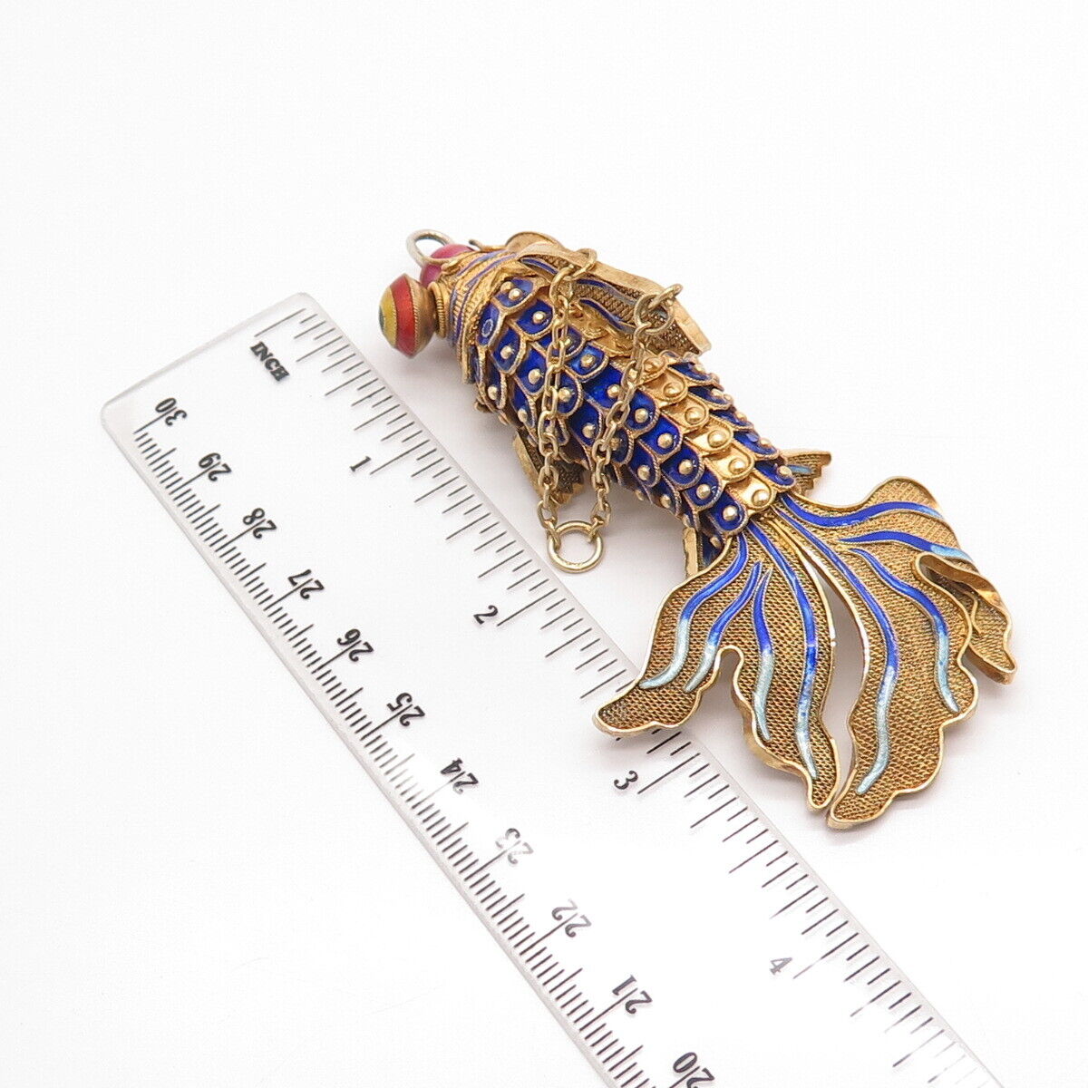 925 Sterling Silver Gold Plated Antique Enamel Chinese Koi Fish Pendant / Fob