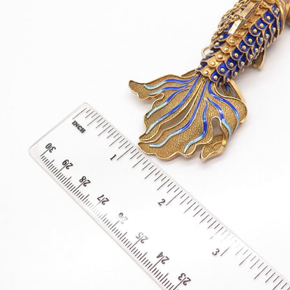 925 Sterling Silver Gold Plated Antique Enamel Chinese Koi Fish Pendant / Fob