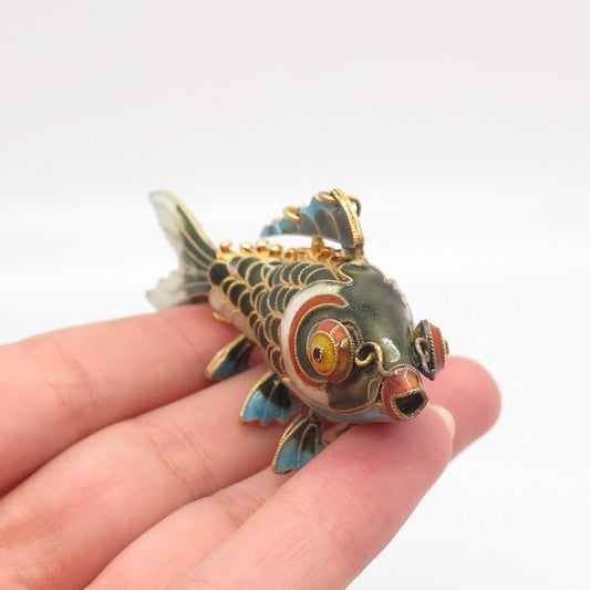 925 Sterling Silver Gold Plated Antique Enamel Chinese Chatelaine Koi Fish Fob