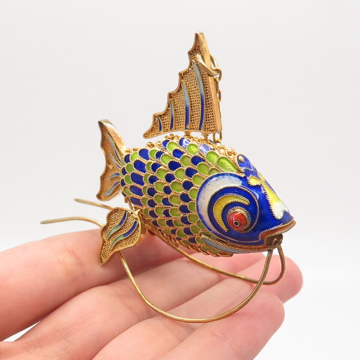 925 Sterling Silver Gold Plated Antique Enamel Chinese Koi Fish Chatelaine Fob