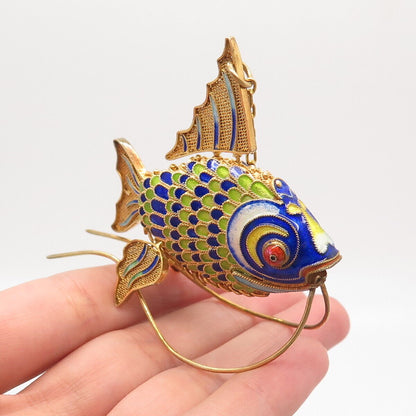 925 Sterling Silver Gold Plated Antique Enamel Chinese Koi Fish Chatelaine Fob
