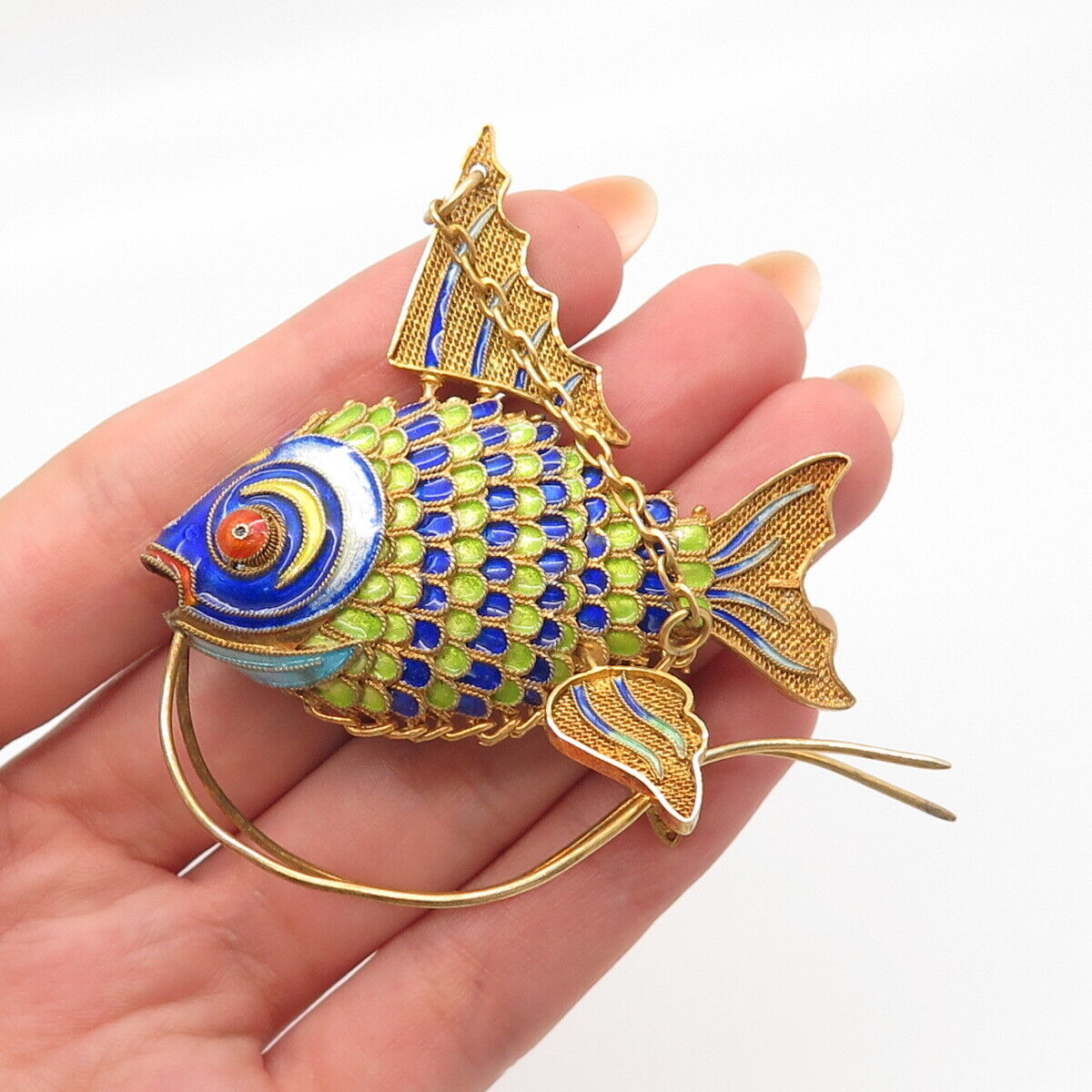 925 Sterling Silver Gold Plated Antique Enamel Chinese Koi Fish Chatelaine Fob