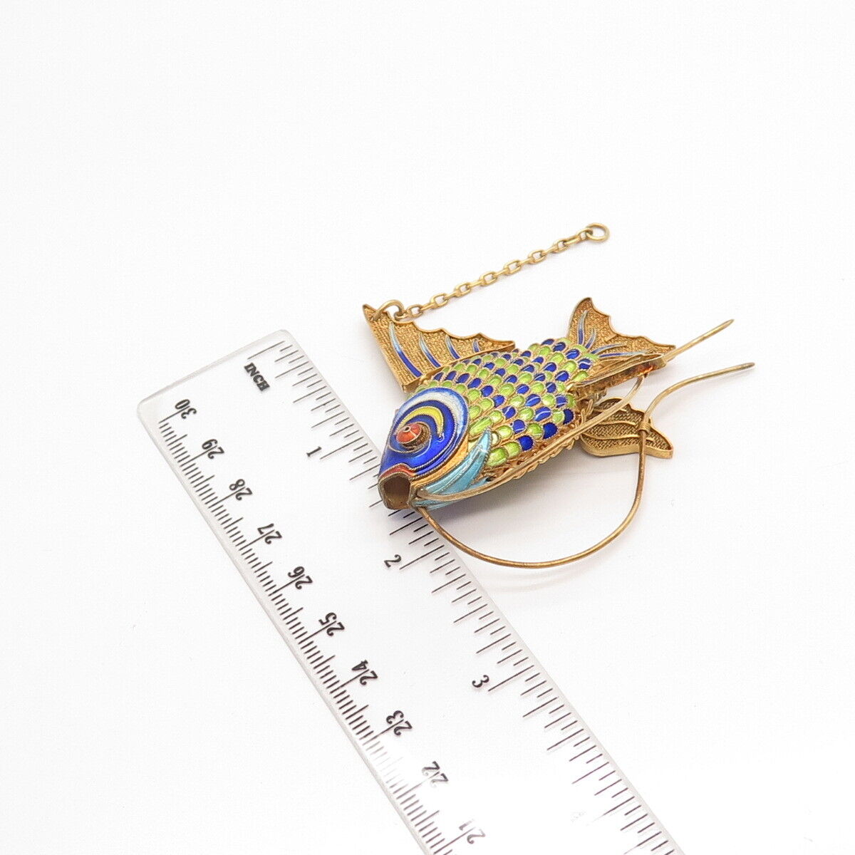 925 Sterling Silver Gold Plated Antique Enamel Chinese Koi Fish Chatelaine Fob