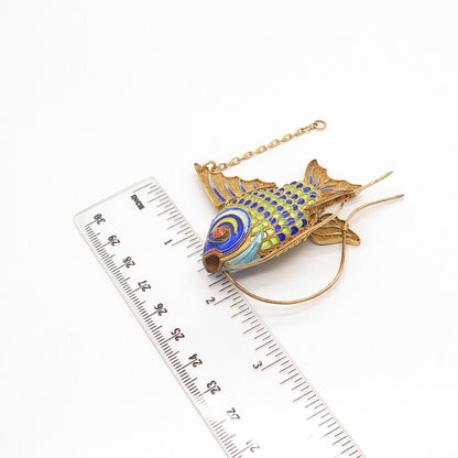 925 Sterling Silver Gold Plated Antique Enamel Chinese Koi Fish Chatelaine Fob