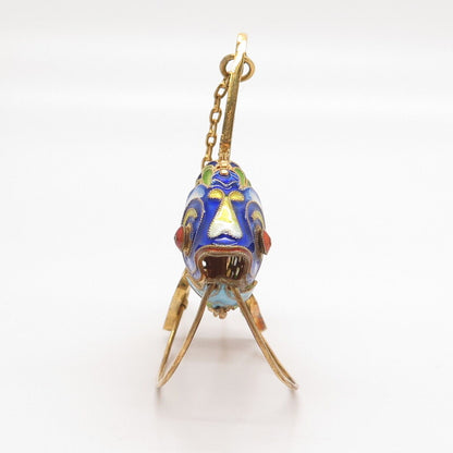 925 Sterling Silver Gold Plated Antique Enamel Chinese Koi Fish Chatelaine Fob