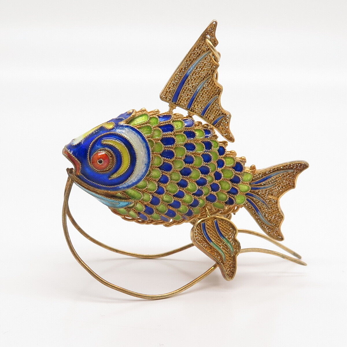 925 Sterling Silver Gold Plated Antique Enamel Chinese Koi Fish Chatelaine Fob