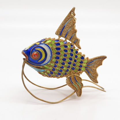 925 Sterling Silver Gold Plated Antique Enamel Chinese Koi Fish Chatelaine Fob