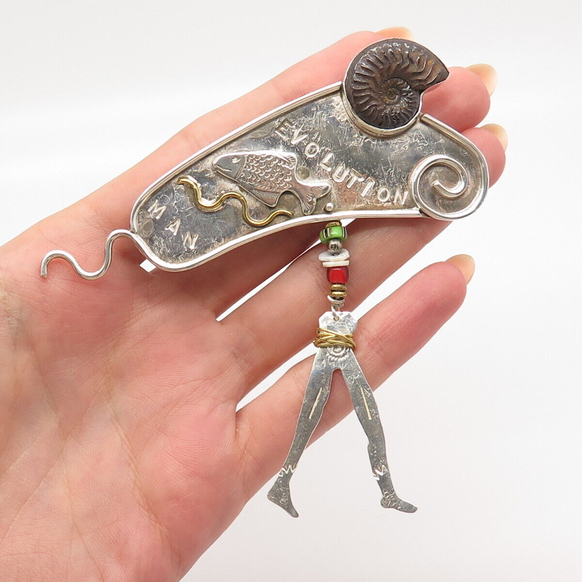 925 Sterling Silver 2-Tone Vintage Real Fossil "Evolution Man" Tribal Pin Brooch