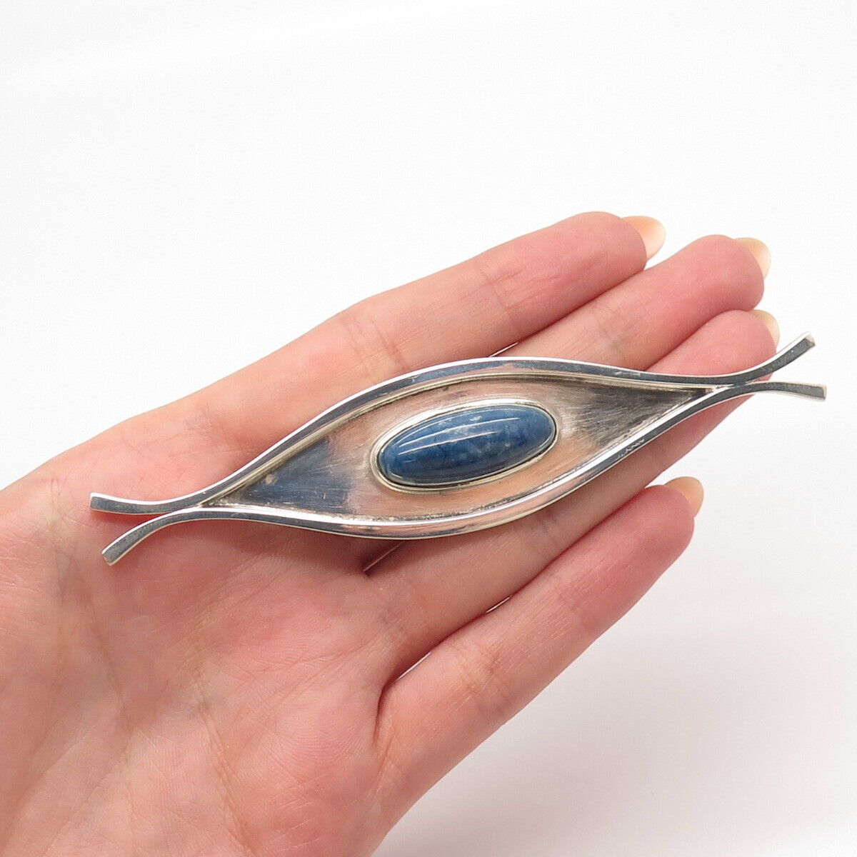 925 Sterling Silver Vintage Real Sodalite Gemstone Modernist Pin Brooch
