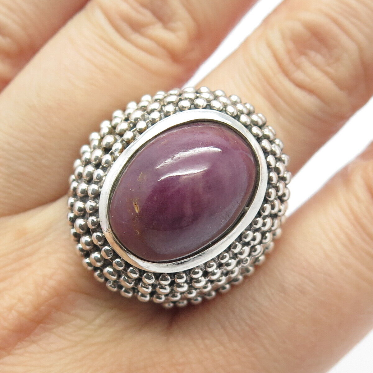 925 Sterling Silver Vintage Real Ruby Gemstone Beaded Domed Ring Size 8