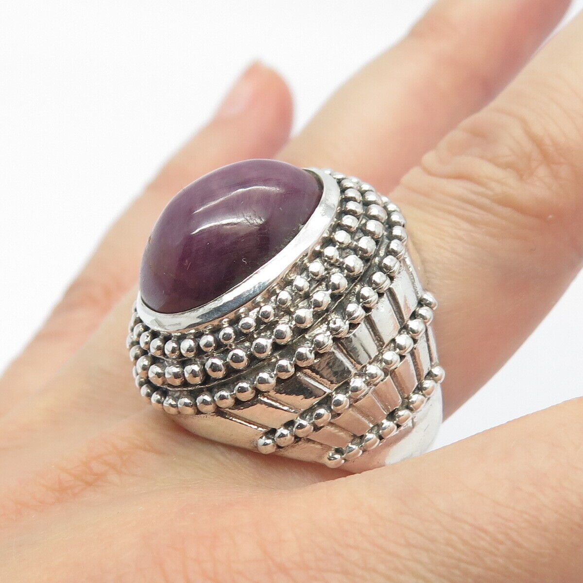 925 Sterling Silver Vintage Real Ruby Gemstone Beaded Domed Ring Size 8