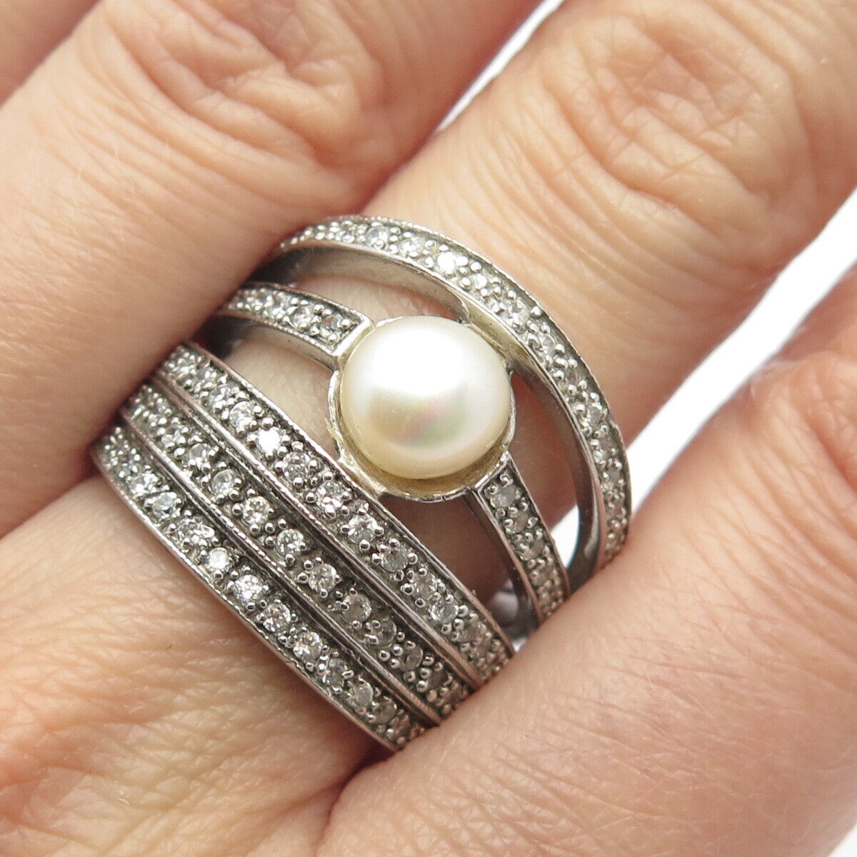 925 Sterling Silver Real Pearl & C Z Wide Ring Size 9.75