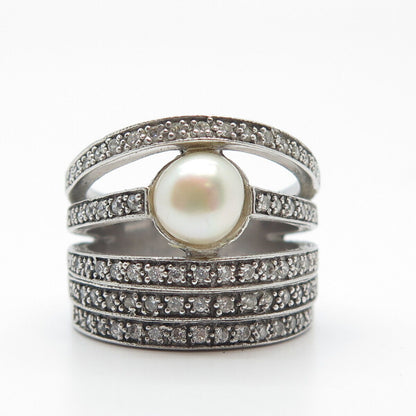 925 Sterling Silver Real Pearl & C Z Wide Ring Size 9.75