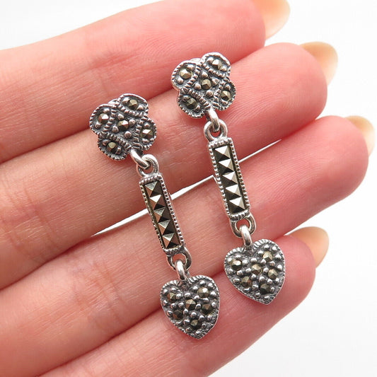 925 Sterling Silver Vintage Real Marcasite Gemstone Dangling Earrings