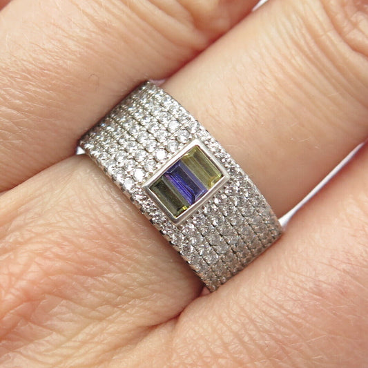 925 Sterling Silver Multi-Color C Z Wide Band Ring Size 7.25