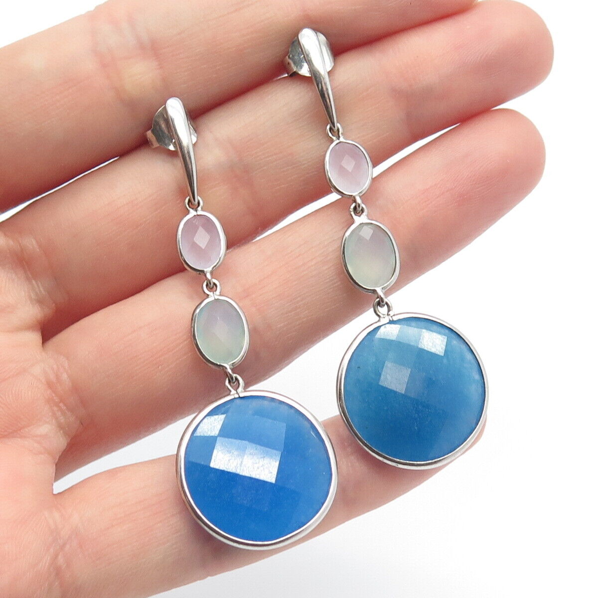 925 Sterling Silver Real Grandidierite & Chalcedony Gem Dangling Earrings