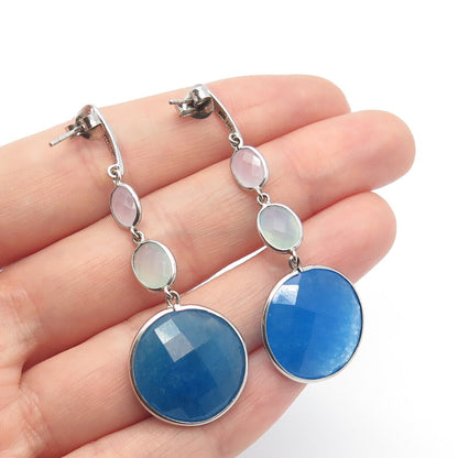 925 Sterling Silver Real Grandidierite & Chalcedony Gem Dangling Earrings