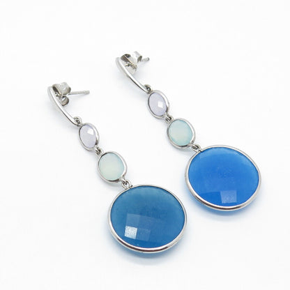 925 Sterling Silver Real Grandidierite & Chalcedony Gem Dangling Earrings