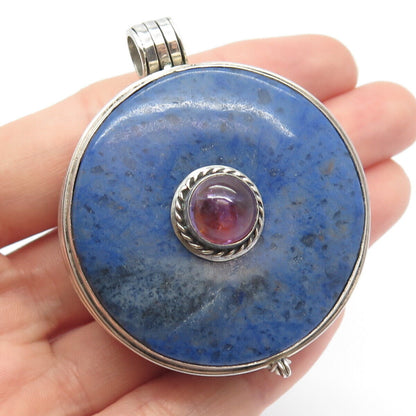 925 Sterling Silver Vintage Lapis Lazuli & Amethyst Large Shell / Case Pendant