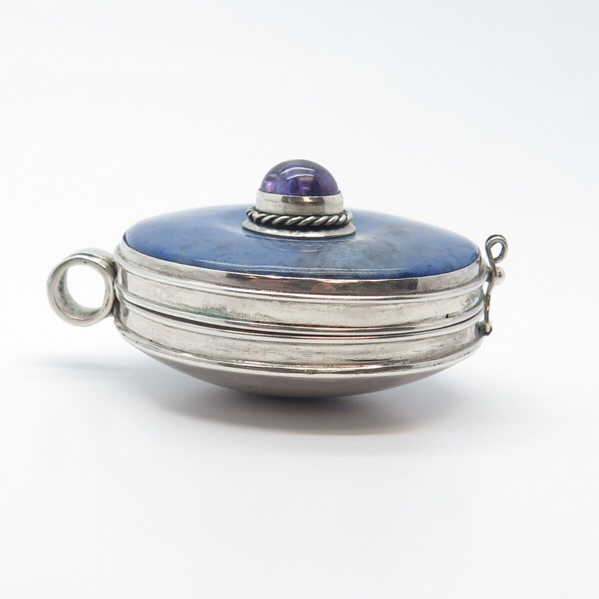 925 Sterling Silver Vintage Lapis Lazuli & Amethyst Large Shell / Case Pendant