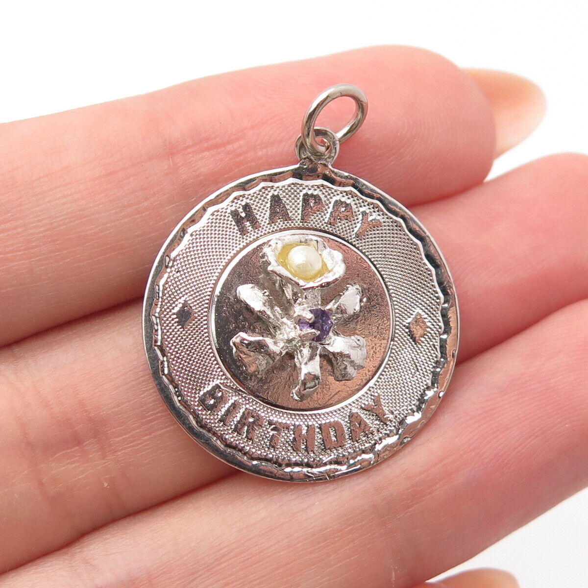 925 Sterling Silver Vintage Real Pearl & Amethyst Gem "Happy Birthday" Pendant