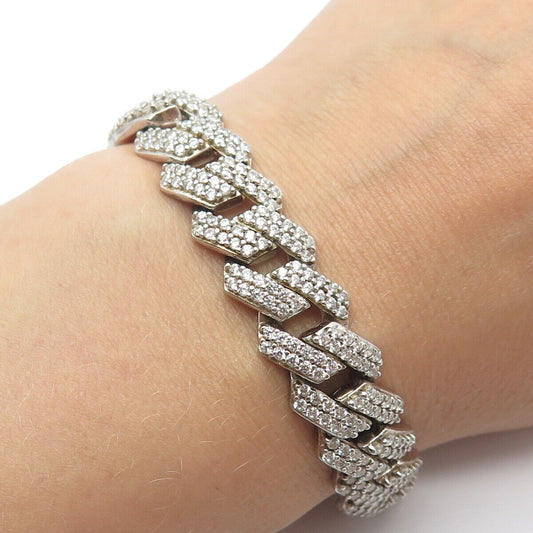 925 Sterling Silver Pave C Z Cuban Chain Bracelet 8.25"